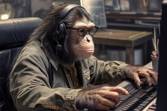 Funny serious monkey while working online at the computer made with Generative AI technology