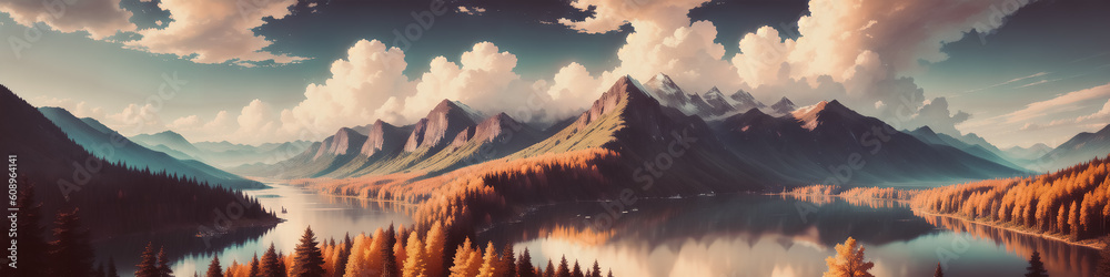 Canvas Prints A Mountain Landscape with a Surrounding Lake. Trees and Rocks. Generative AI