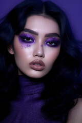 A woman with purple makeup and a purple background Generative AI