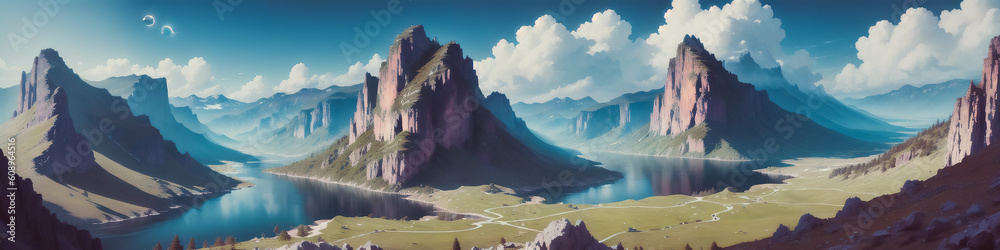 Wall mural A Serene Morning in Mountain Landscapes. Undiscovered Wilderness. Silence and Tranquility. Generative AI