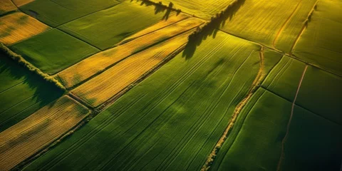 Foto op Plexiglas Aerial view with the landscape geometry texture of a lot of agriculture fields with different plants like rapeseed in blooming season. © STORYTELLER AI