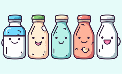 Set of Cute Bottle Character, High Quality Lineart