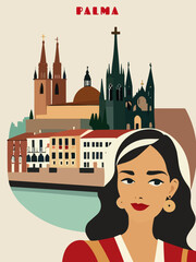 Palma: Beautiful vintage-styled poster with a woman and the name Palma in Balearic Islands © Modern Design & Foto