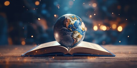 Earth on Open Book Background, World Book Day, International Literacy Day. Generative Ai - obrazy, fototapety, plakaty
