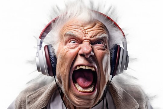 Portrait of screaming angry old man listening to music with headphones made with Generative AI technology