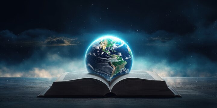 Earth on Open Book Background, World Book Day, International Literacy Day. Generative Ai