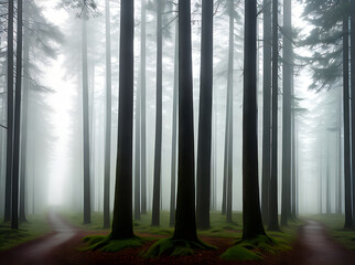Detailed forest chilled by warm fog.