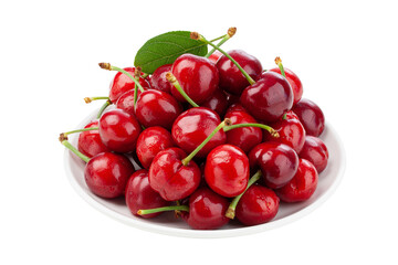 a plate of sweet cherries on white background.