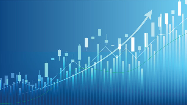 economy situation concept. Financial business statistics with bar graph and candlestick chart show stock market price and currency exchange on blue background