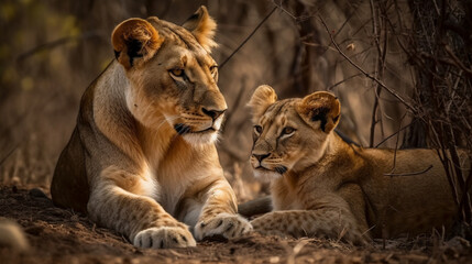Obraz na płótnie Canvas Lion and cub hunter love in Kruger NP South African. Generative AI.