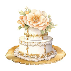 White Wedding Cake Watercolor Clipart, Cake Illustration, Beautiful Cake, Gorgeous Cake, Wedding Decoration, made with generative AI