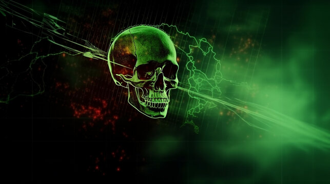 Human skull model image, stock market or forex trading charts and network. Generative AI.