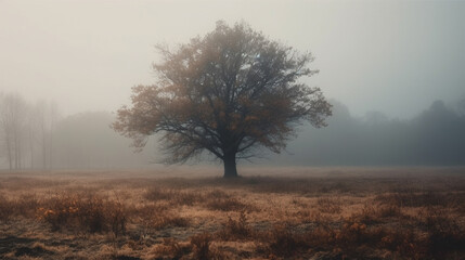 View of dried autumn tree on landscape of foggy forest. Generative AI.