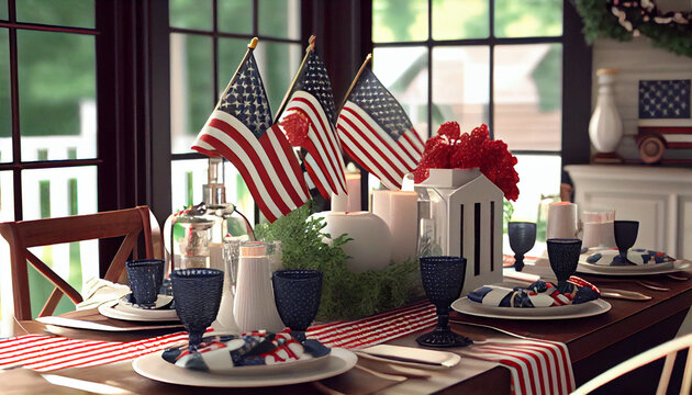 Patriotic 4th of July Memorial Day decor table home design. American flag for Memorial Day, white graves, 4th of July, Labour Day. Ai generated image 