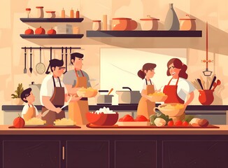 Overjoyed young family with little preschooler kids have fun cooking baking pastry or pie at home together, happy smiling parents enjoy weekend play with small children doing bakery cooking in kitchen