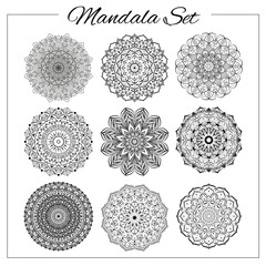 Geometric circular ornament set. Isolated vector mandalas for coloring book printing, design, logo, yoga, indian and arabic prints.