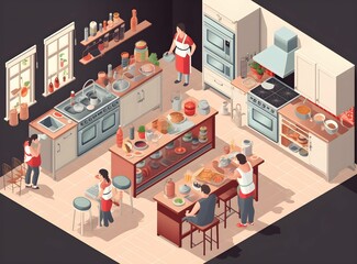 Happy family cooking together on kitchen. Mother and daughter reading recipe to father and son. Dad and boy chopping green vegetable leaf for salad. Home recreation and food preparation on weekend ,Ge