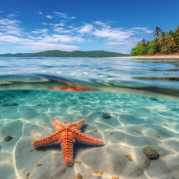 Underwater view of starfish on sandy beach. Tropical seascape