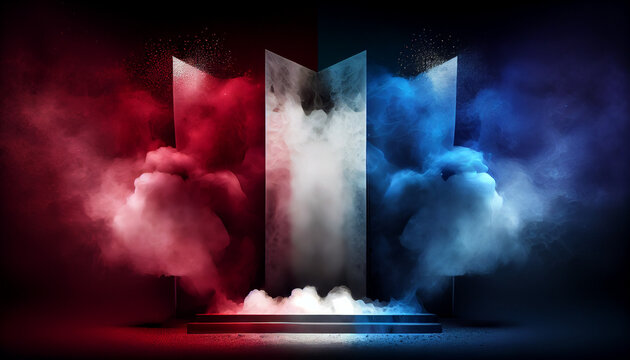 Stage with spotlight red white and blue smoke background. American flag for Memorial Day, white graves, 4th of July, Labour Day. Ai generated image 