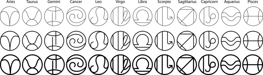 Minimalistic Zodiac horoscope signs vector illustrations. Line art zodiac signs. three line thickness zodiac sign 
