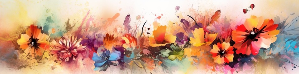 Fototapeta na wymiar A captivating horizontal banner showcasing a digital design of abstract flowers in vibrant hues.