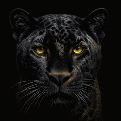 Portrait of a black leopard with yellow eyes on a black background