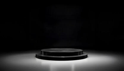 Abstract minimal concept. Chrome podium on dark background with glow light. Mock up template for product presentation. 3D rendering. copy text space	
