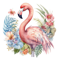 Summer Pink Flamingo Bird Watercolor Clipart Illustration, Tropical Flowers, made with generative AI