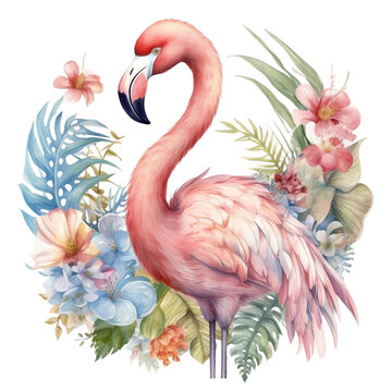 Summer Pink Flamingo Bird Watercolor Clipart Illustration, Tropical Flowers, made with generative AI © SASINA N.