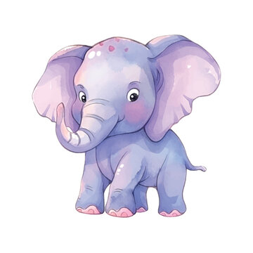 Baby elephant watercolor in cartoon style on colorful background. Greeting card template. Cartoon vector illustration.