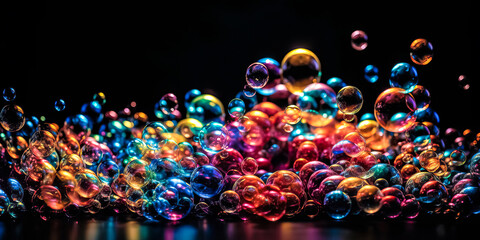 Flying soap bubbles isolated on black background. Ai generated