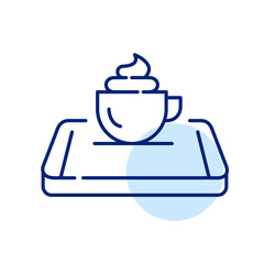 Cappuccino with whipped cream. Coffee cup on smartphone. Restaurant takeaway or food blog. Pixel perfect, editable stroke icon