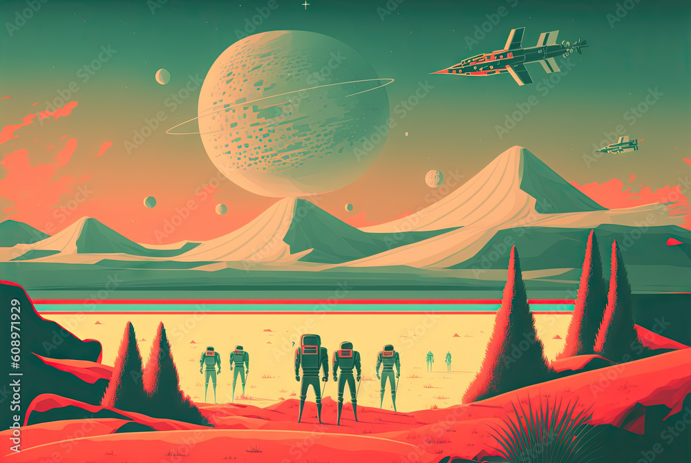 Poster retrofuturistic landscape in 80s sci-fi style. retro science fiction scene with futuristic buildings