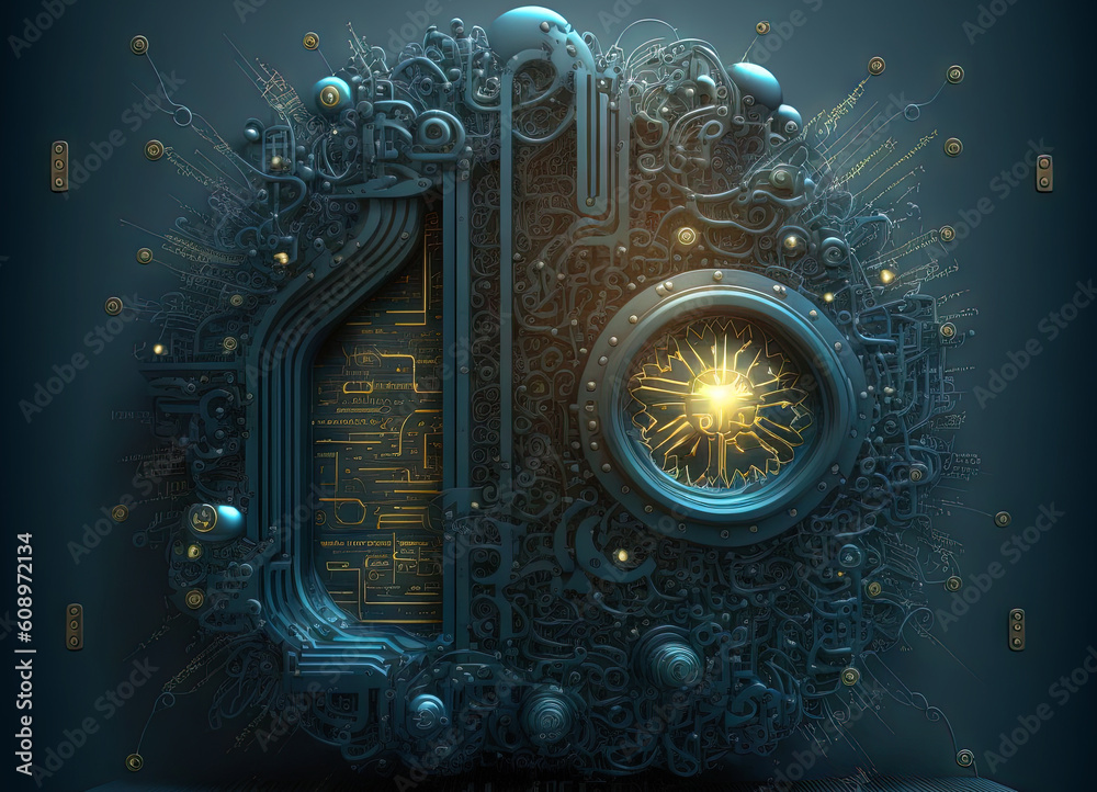 Poster Abstract science and technology background with shiny connection elements and sci-fi intefrace. Tech abstraction wallpaper. Generated AI.