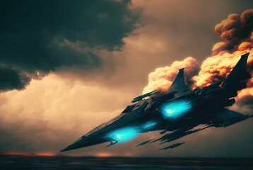 Spaceship crash landing during the battle with laser rays. Alien spacecraft with laser splashes. Generated AI.