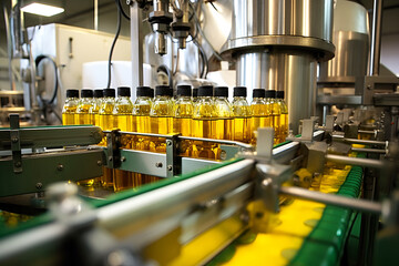 Fototapeta na wymiar row of bottles of sunflower oil.production line.conveyor. AI generated Generative AI