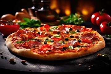 Obraz na płótnie Canvas delicious meat pizza on board , AI Generated