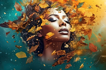 Woman with autumn leaves wreath. Portrait of girl in dreamy fall mood with scattered leaves. Generated AI.