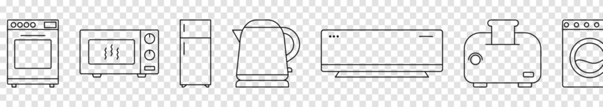 Kitchen appliances line icons set. Convection oven, microwave, fridge, kettle, air conditioner, toaster, washing machine