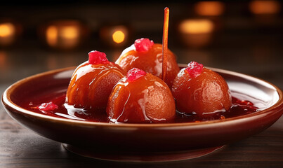 Gulab Jamun with almond and saffron served in white bowl