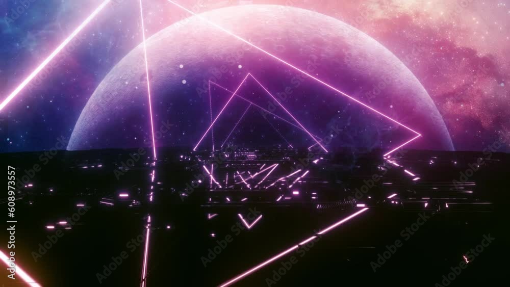 Wall mural neon reflection vj universal background loop. travel passing neon nebula on light bridge with reflec