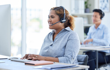 Call center, happy and woman consulting for crm, faq or contact us in office with friendly service....