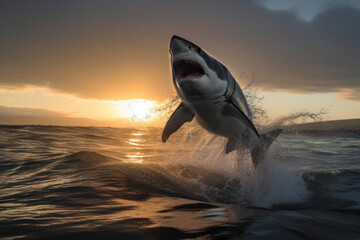 Fototapeta premium A great white shark jumping out of the water creates a powerful image of apex predator hunting its prey. This marine shot in sepia tone is perfect for wildlife and conservation themes. AI Generative.