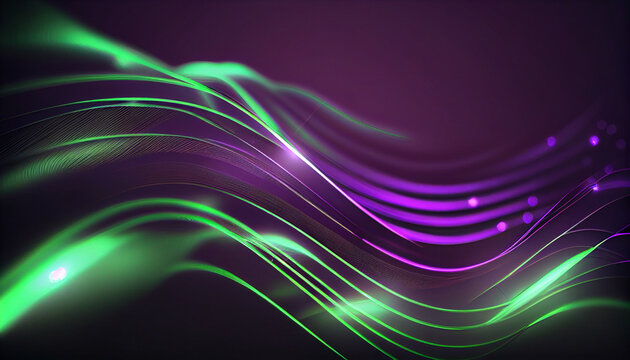 abstract futuristic background with green purple glowing neon moving high speed wave lines. Data transfer concept wallpaper. Ai generated image