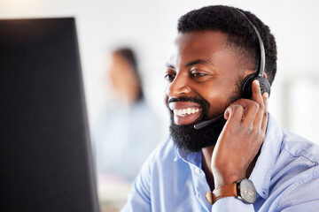 Black man, face and headset, callcenter and contact us with customer service agent in workplace with smile. CRM, phone call and tech support with telecom, male consultant for help desk at computer