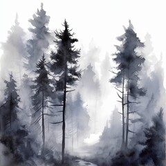 Foggy landscape with coniferous forest. Watercolor illustration