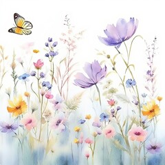Fototapeta na wymiar Watercolor floral background with wildflowers and butterfly. Hand painted illustration.