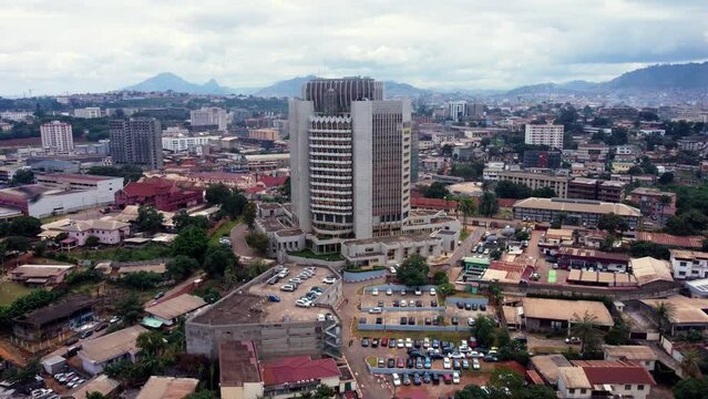 Aerial, corporate office building in Yaound&eacute;, capital of Cameroon, a developing country