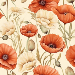 Boho Poppies Seamless Pattern, Poppy Seamless Pattern, Flowers Pattern Watercolor, Poppy Wallpaper,  made with generative AI