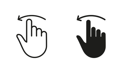 Gesture Slide, Swipe Left Symbol Collection on White Background. Hand Finger Drag Left Line and Silhouette Black Icon Set. Pinch Screen, Rotate Touch Screen Pictogram. Isolated Vector Illustration